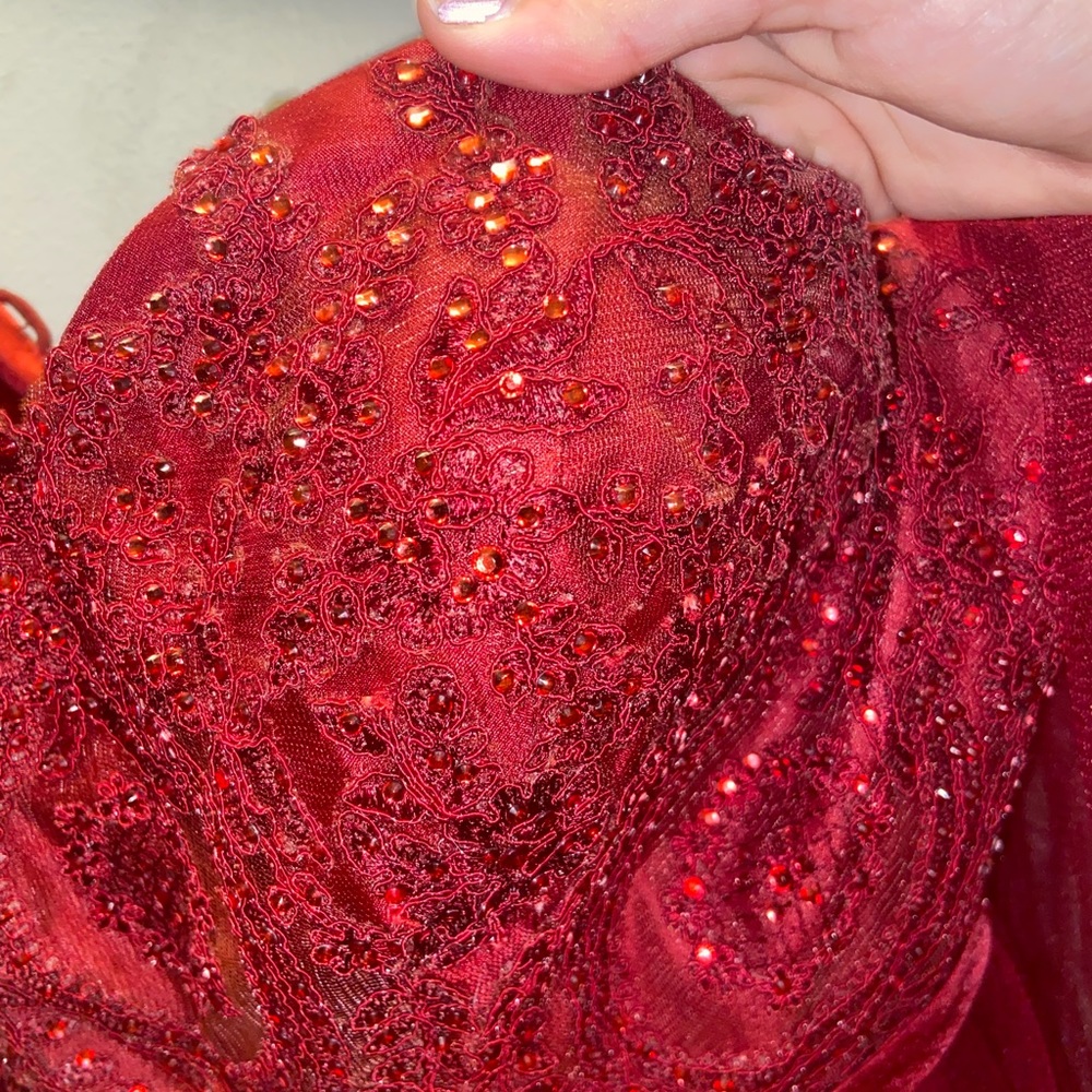 bedazzled red strapless homecoming dress